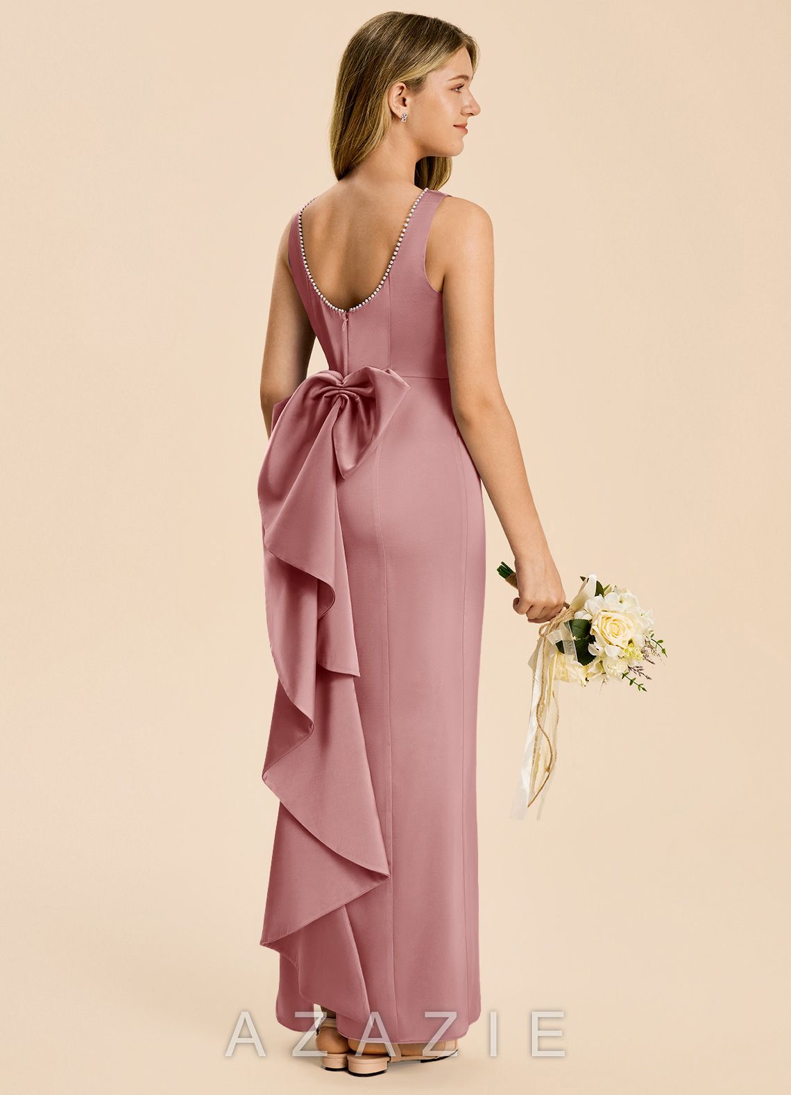 Azazie Emi Junior Dusty Rose Sheath Bow Stretch Satin Dress