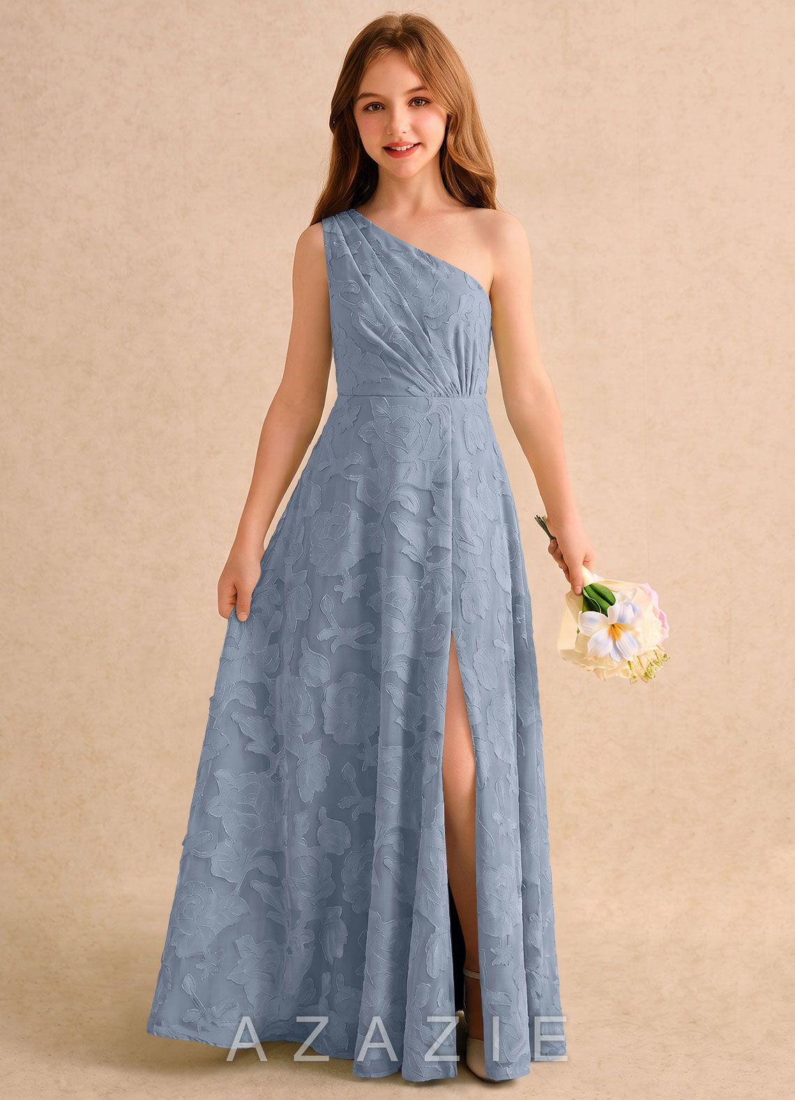 Azazie Pudles Girls Formal Dusty Blue A-Line One Shoulder Floral Burnout Dress