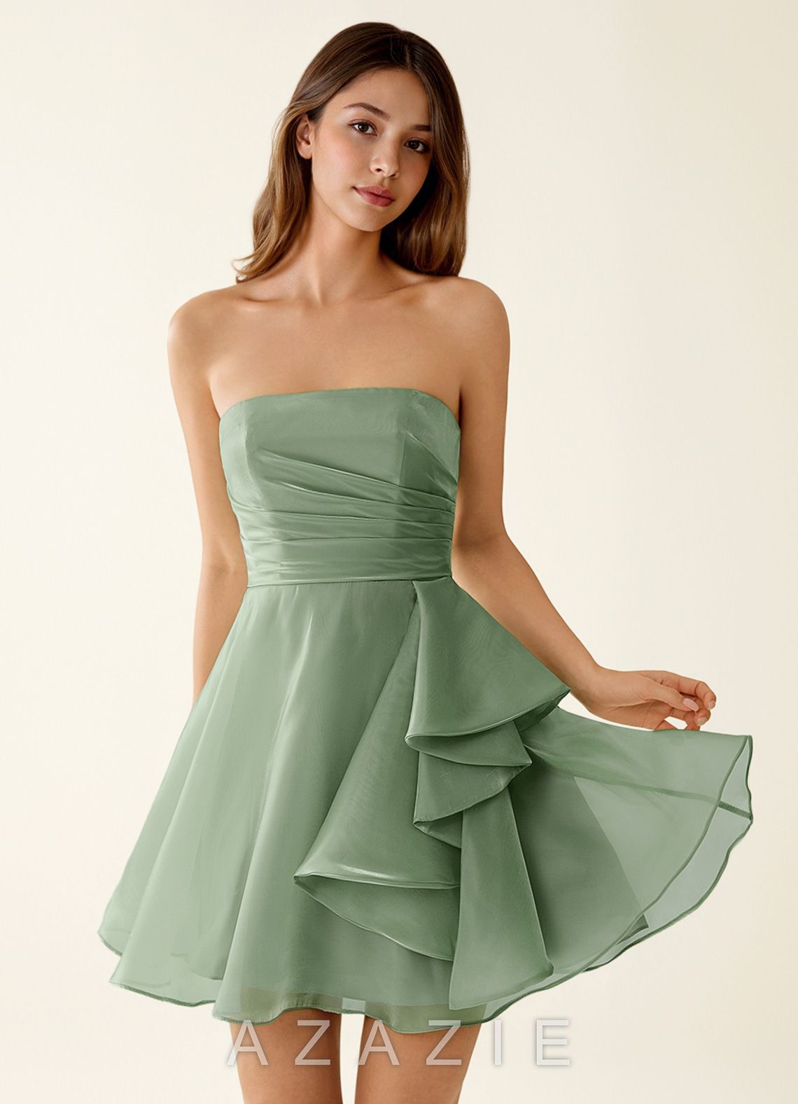 Nadine Sage Satin Faced Chiffon Ruffled Mini Dress