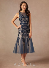 Azazie Herrin Dark Navy Champagne Mermaid Lace Dress