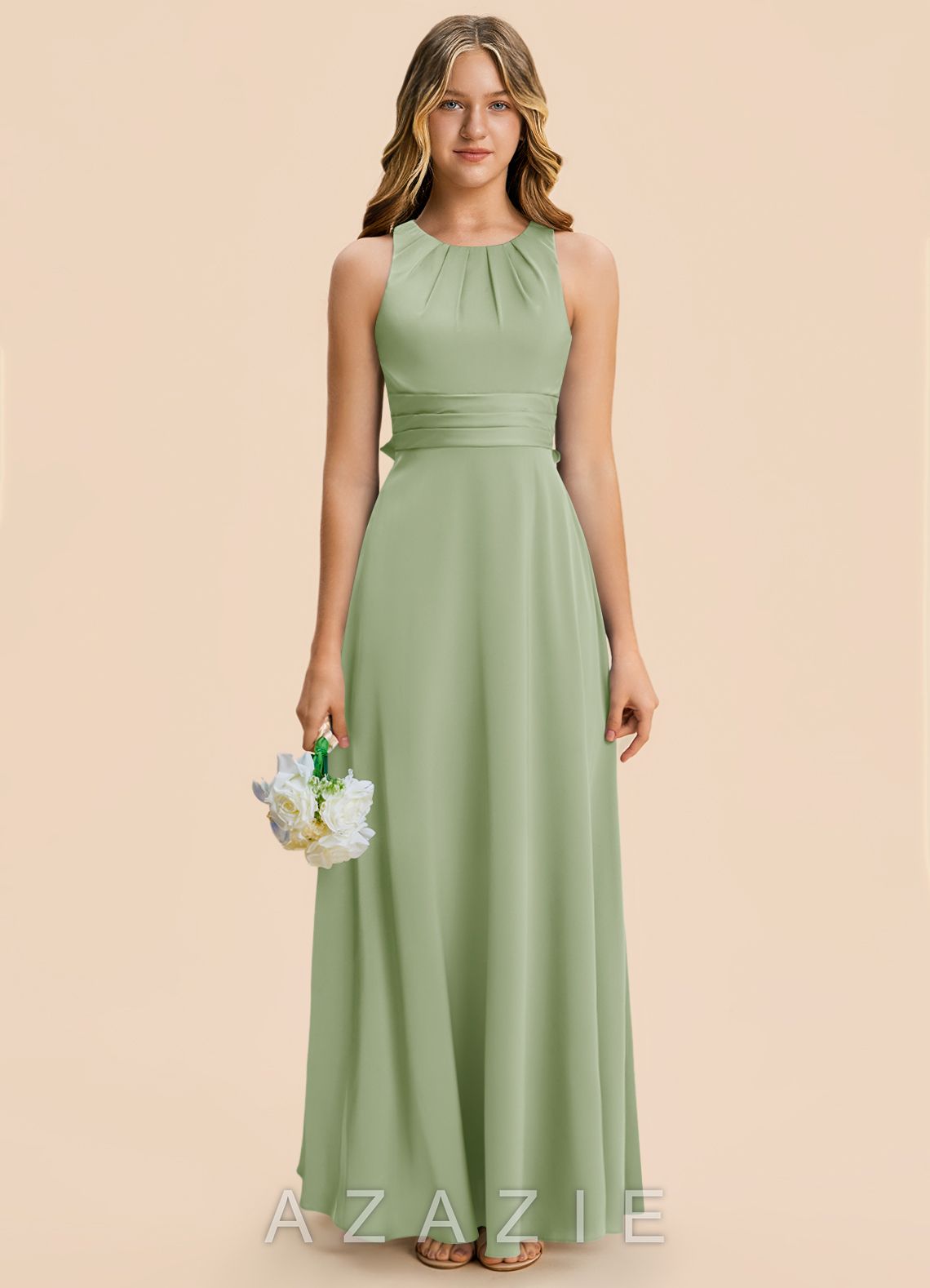 Azazie Christina Junior Dusty Sage A-Line Ruched Stretch Satin Dress