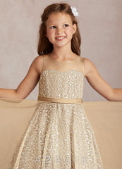 Azazie Siwa Champagne A-Line Beaded Tulle Dress