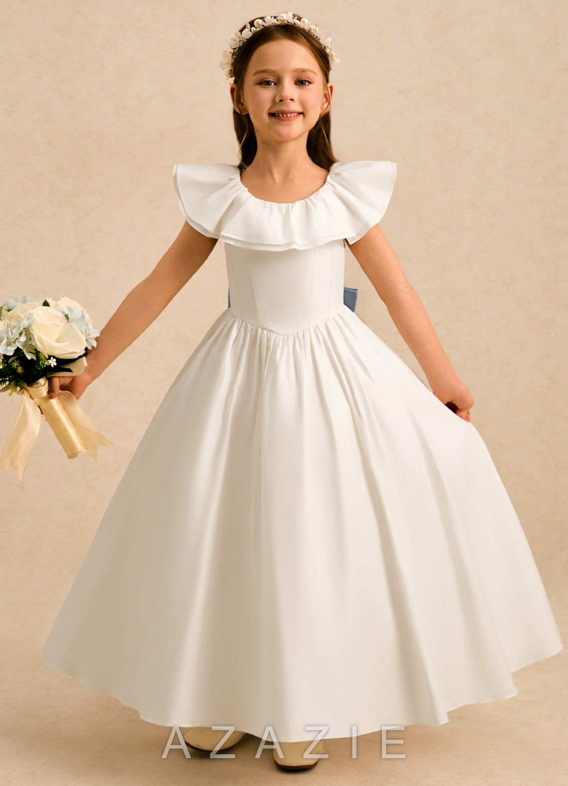 Azazie Clara Ivory Dusty Blue A-Line Bow Cotton Dress
