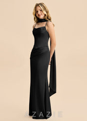 Azazie Sorrel Junior Black Mermaid Ruched Stretch Satin Dress black