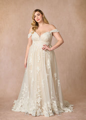 Azazie Botanica Wedding Dress Diamond White Champagne A-Line Off the Shoulder Tulle Dress diamond_white/champagne