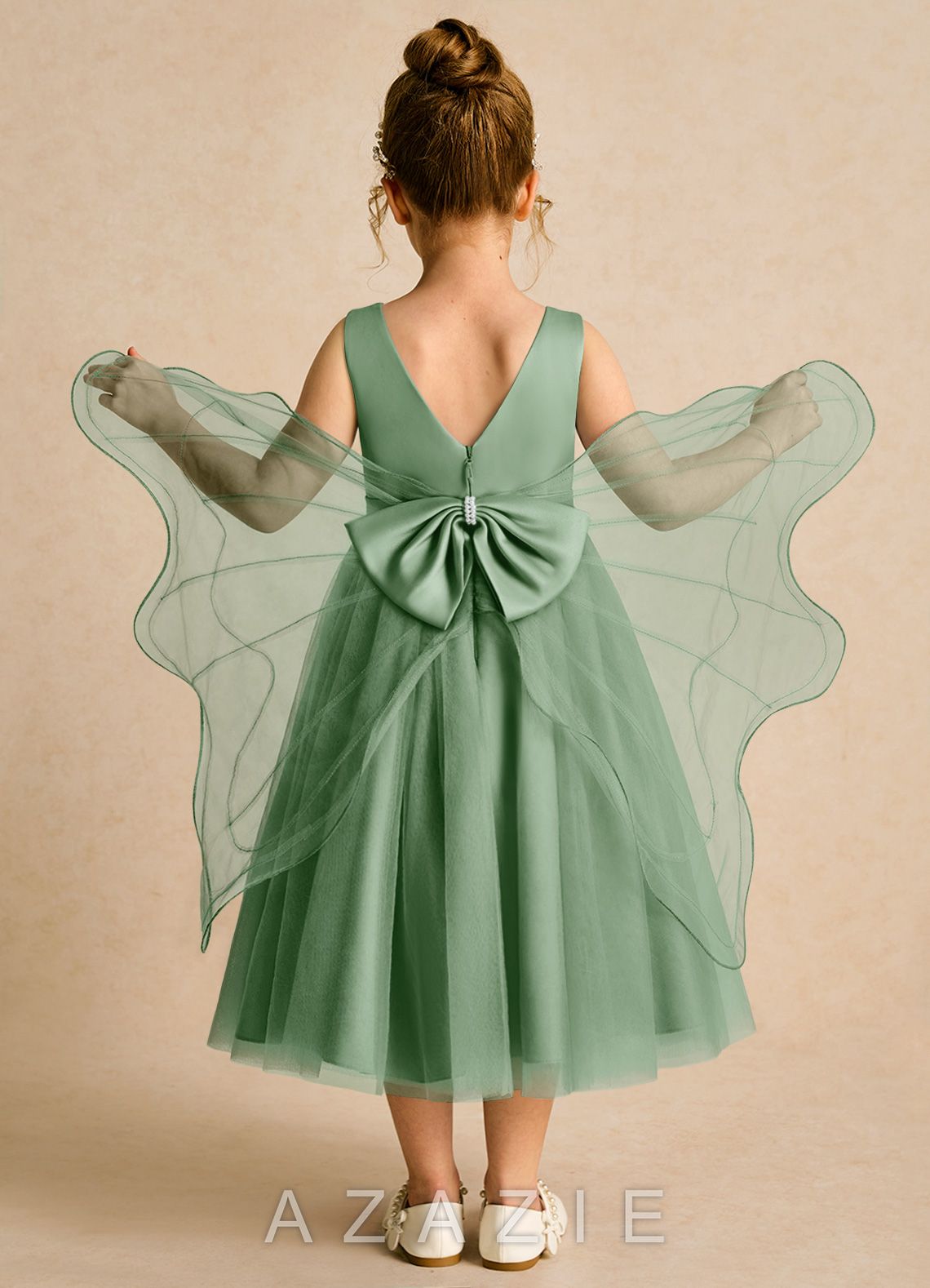 Azazie Pear Matcha Ball-Gown Bow Tulle Dress
