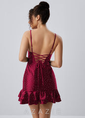 Katerina Burgundy Spaghetti Strap Satin Rhinestone Ruffle Lace-Up Mini Dress