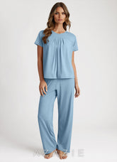 Bamboo Fiber Pleated T-Shirt and Pants Pajama Set