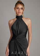 Azazie Gracelynn Black Sheath Pleated Stretch Satin Dress black
