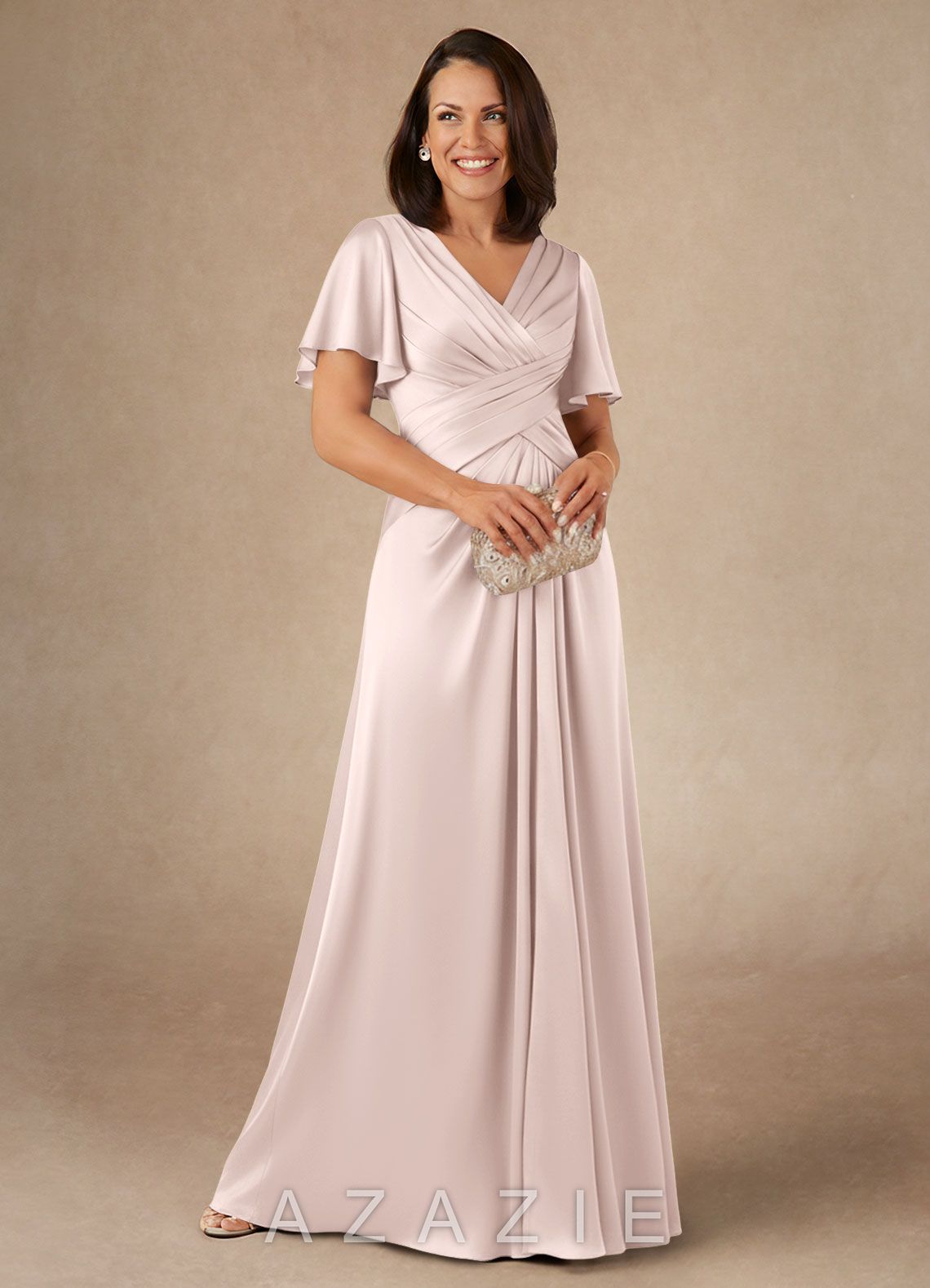 Azazie Emmeline Blushing Pink A-Line Pleated Stretch Satin Dress
