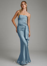 Azazie Janel Dusty Blue Mermaid Corset Stretch Satin Dress