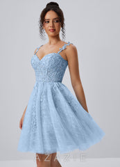 Raphinase Sky Blue Lace Tulle Beading Corset A line Lace-Up Mini Dress