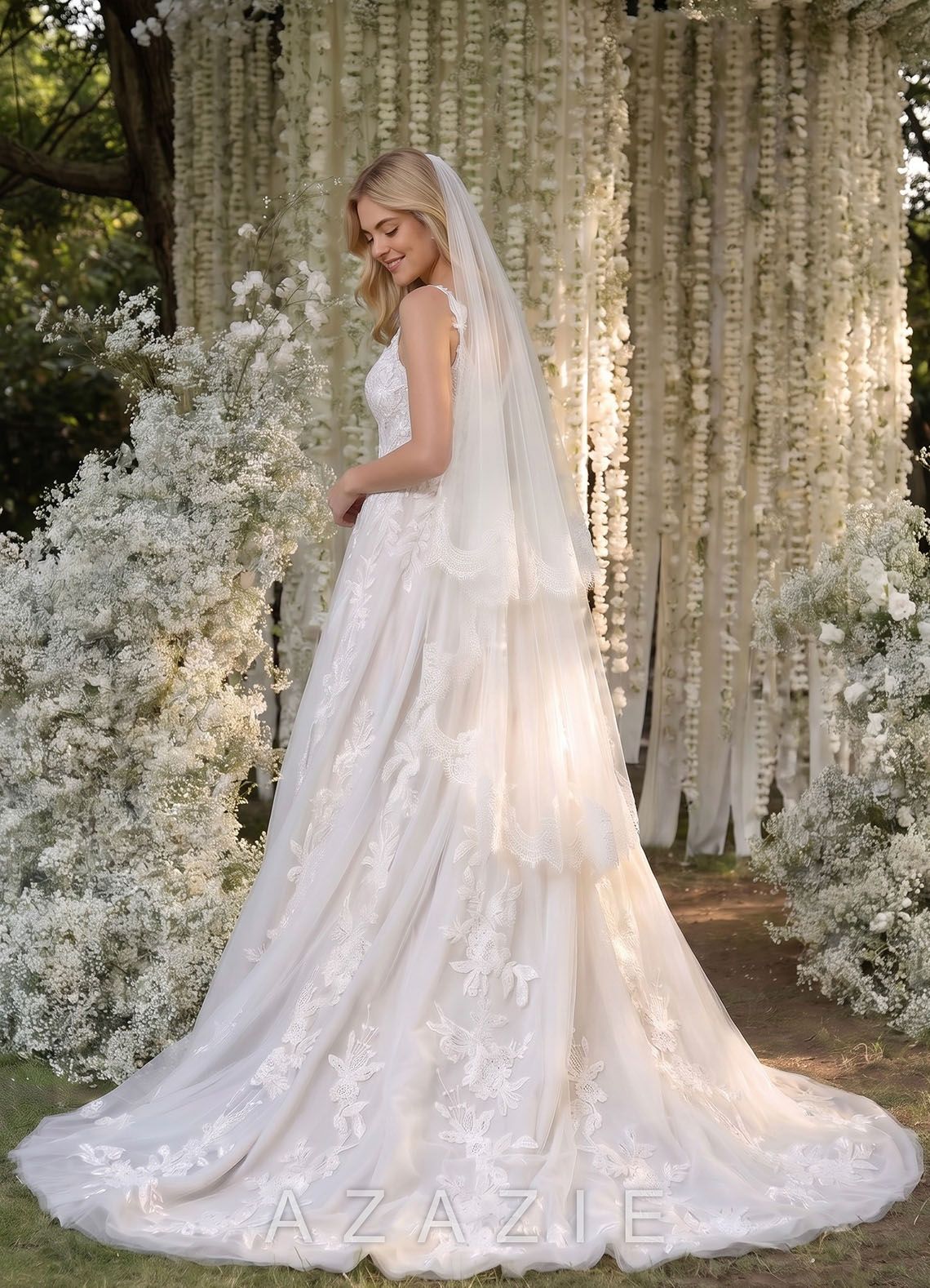 Floral Lace Edge Two Tier Fingertip Wedding Veil with Blusher