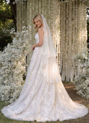 Floral Lace Edge Two Tier Fingertip Wedding Veil with Blusher