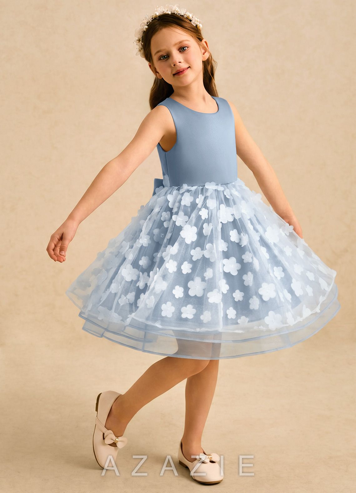 Azazie Billie Dusty Blue Ball-Gown Pleated Matte Satin Dress