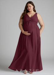 Azazie Yetta A-Line V-Neck Gathered Chiffon Floor-Length Dress