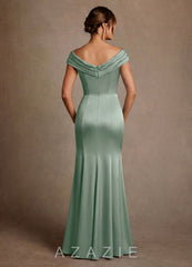 Azazie Aberdeen Agave Sheath Pleated Stretch Satin Dress agave