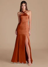Azazie Rue Auburn Mermaid Pleated Metallic Satin Dress