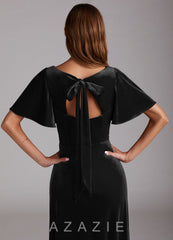 Azazie Kimber Black A-Line with Pockets Velvet Dress black