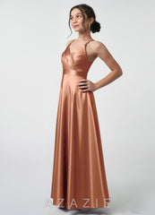 Azazie Avelina Junior Bronzer A-Line Pleated Metallic Satin Dress bronzer
