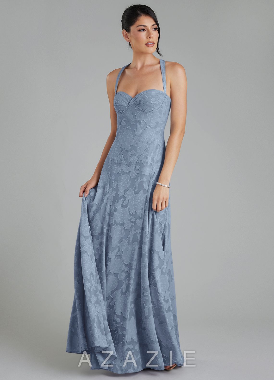 Azazie Bea Dusty Blue A-Line Corset Floral Burnout Dress