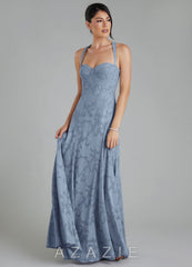Azazie Bea Dusty Blue A-Line Corset Floral Burnout Dress