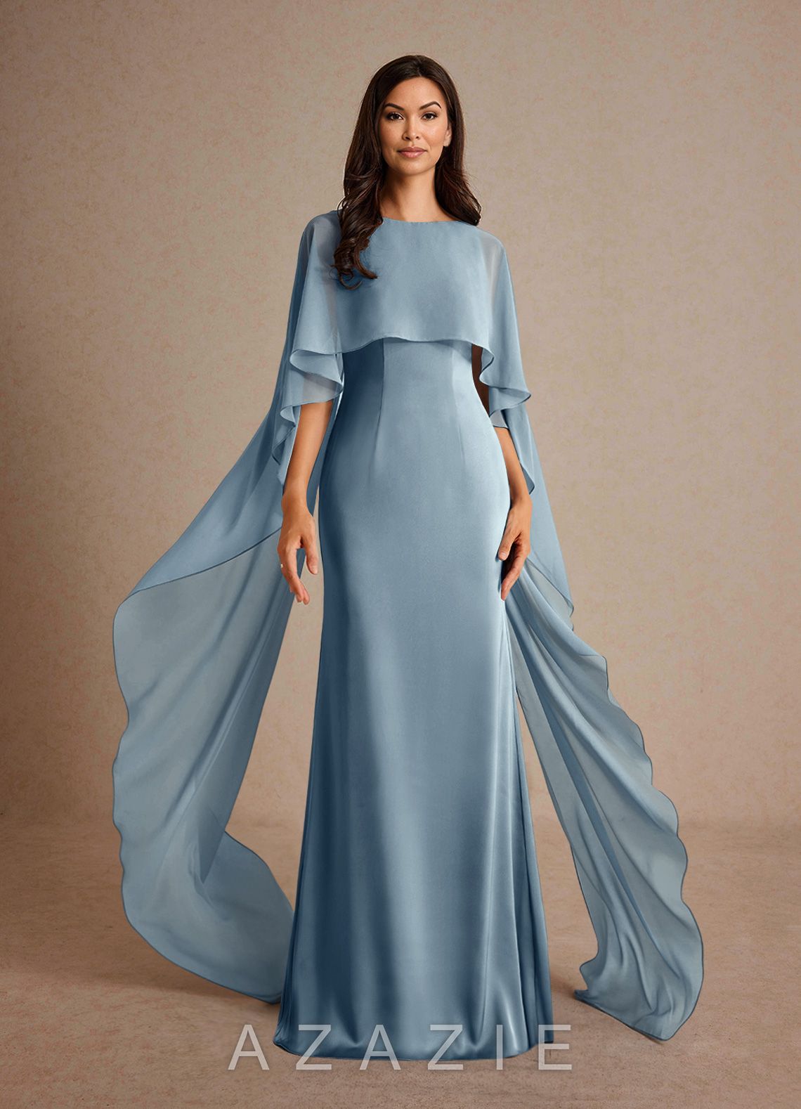 Azazie Milfred Dusty Blue Sheath Boatneck Stretch Satin Dress