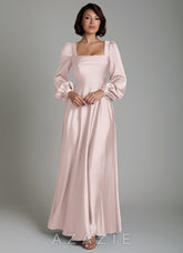 Azazie Solana Blushing Pink A-Line Long Sleeve Stretch Satin Dress