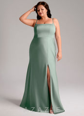 Azazie Lidia Agave Mermaid Side Slit Stretch Satin Dress agave
