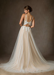 Azazie Goddess Wedding Dress Diamond White Champagne A-Line V-Neck Sequins Tulle Dress diamond_white/champagne