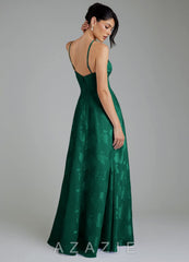 Azazie Siobhan Emerald A-Line Pleated Floral Jacquard Burnout Dress emerald