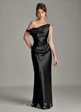 Azazie Emerson Black Mermaid Off the Shoulder Metallic Satin Dress