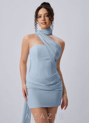 Henriette Sky Blue Asymmetric Halter Draped Open Back Mini Dress