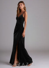 Azazie Maci Black Sheath Pleated Velvet Dress black