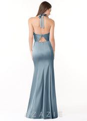 Azazie Emeria Dusty Blue Mermaid Pleated Stretch Satin Dress dusty_blue