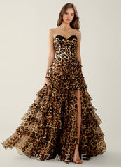 Samara Brown Leopard Ruffled A-Line Prom Dress