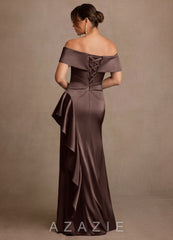 Azazie Kirsty Ganache Sheath Off the Shoulder Stretch Satin Dress ganache