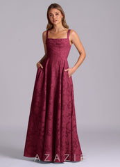 Azazie Shaude Burgundy A-Line Pleated Floral Burnout Dress