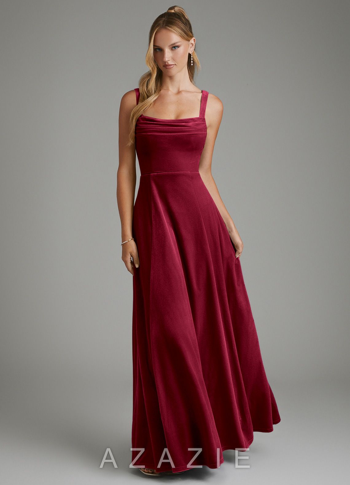 Azazie Shaude Burgundy A-Line Pleated Velvet Dress