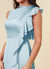Azazie Narine Sky Blue A-Line High Neckline Pleated Stretch Satin Dress sky_blue