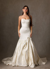 Azazie Quinta Antique White Mermaid Strapless Floral Jacquard Dress