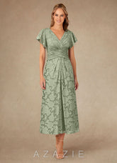 Azazie Vera Agave A-Line Pleated Floral Burnout Dress