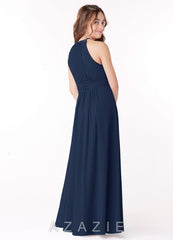 Azazie Bonnie Junior Dark Navy A-Line Pleated Chiffon Dress dark_navy