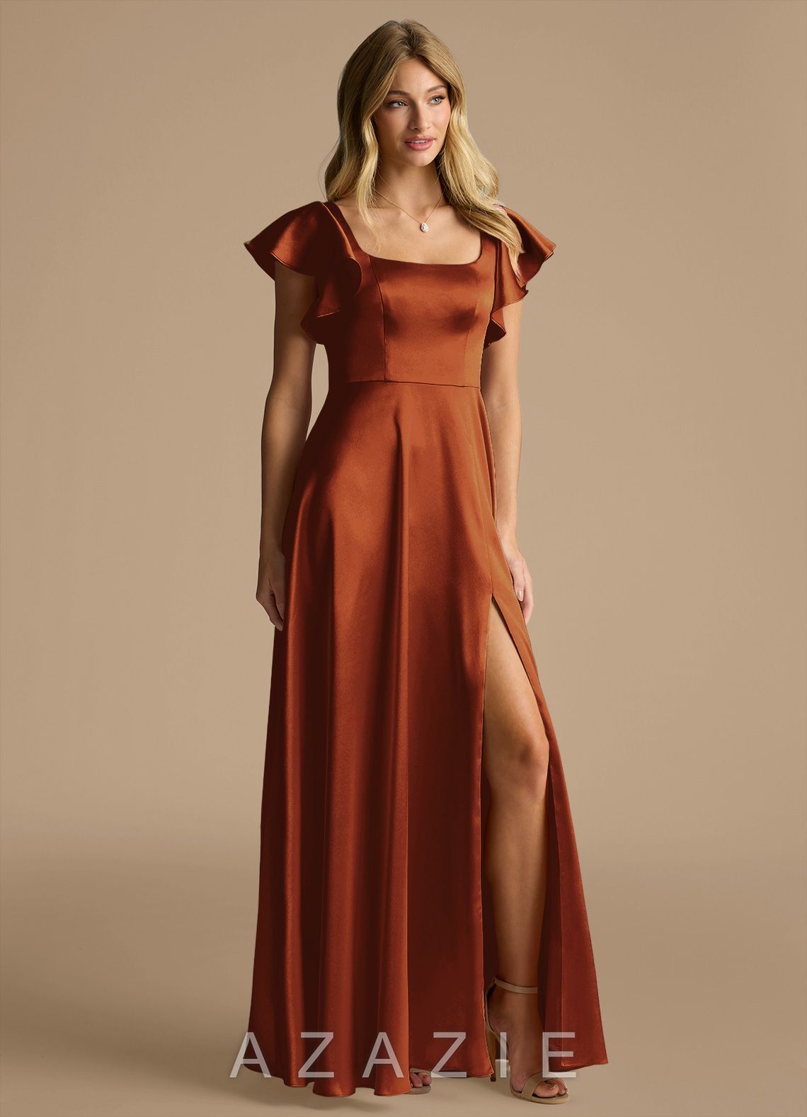 Azazie Bondi Auburn A-Line Bow Metallic Satin Dress