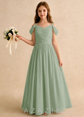 Azazie Chelo Girls Formal Dusty Sage A-Line Pleated Chiffon Dress dusty_sage