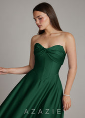Azazie Meleena Dark Green A-Line Strapless Stretch Satin Dress dark_green