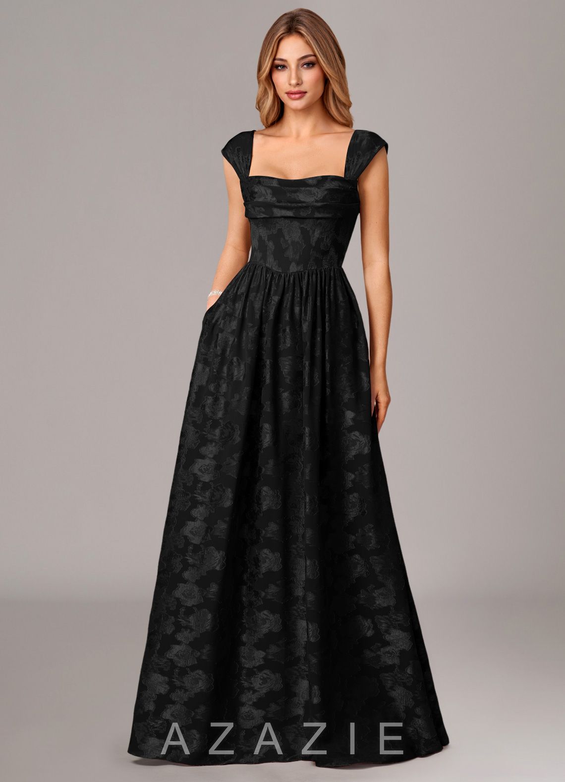 Azazie Hazel Black A-Line Corset Floral Burnout Dress