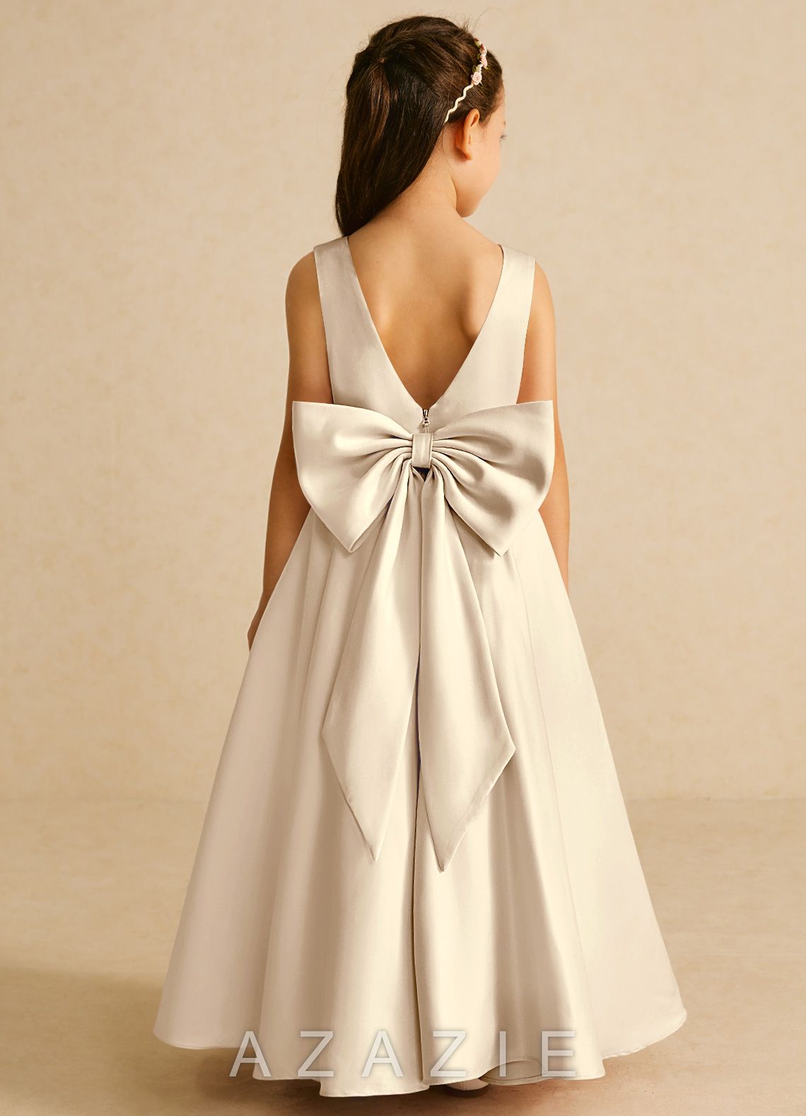 Azazie Pipsy Champagne A-Line Bow Matte Satin Dress