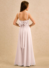 Azazie Chamomile Girls Formal Blushing Pink A-Line Pleated Stretch Satin Dress