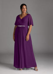 Azazie Tricia Grape A-Line V-Neck Pleated Chiffon Dress grape